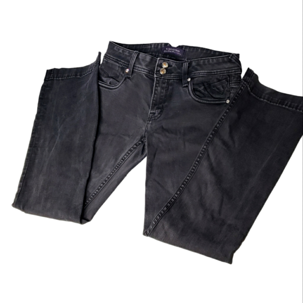 Vigoss Notch Back Straight Leg 29 Jeans Beltloops Rheinstone Button Bling Mid Ri
